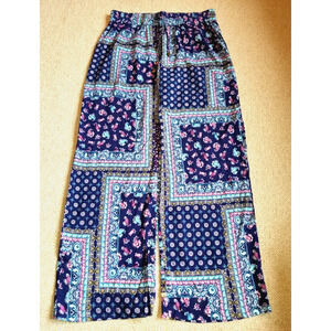 Womens Pants-ARTISAN NY-navy blue paisley pull on wide leg BOHO maximalist-L